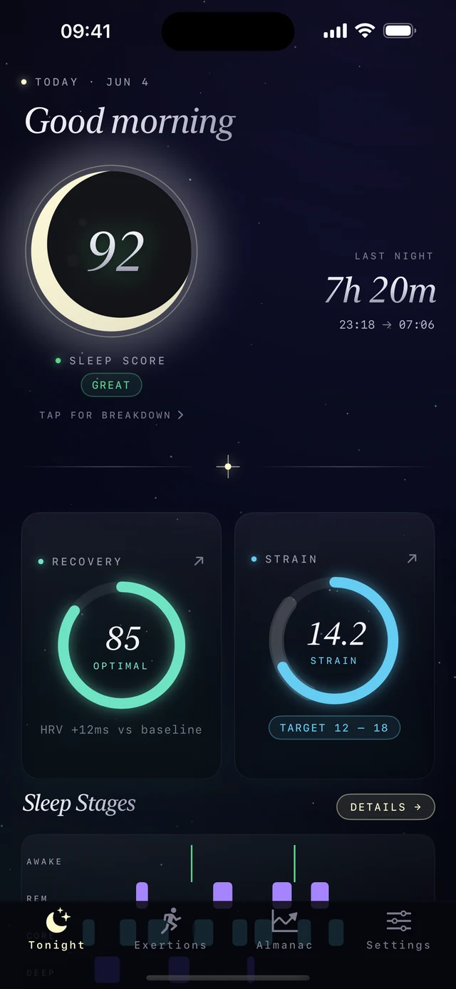 Sleep Stats on iPhone — the Tonight dashboard: a crescent-moon sleep score of 92, last night 7h 20m, with recovery and strain rings