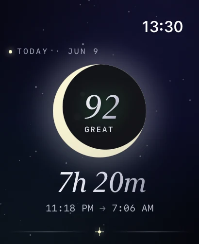 Sleep Stats on Apple Watch — a crescent-moon sleep score of 92 and last night 7h 20m